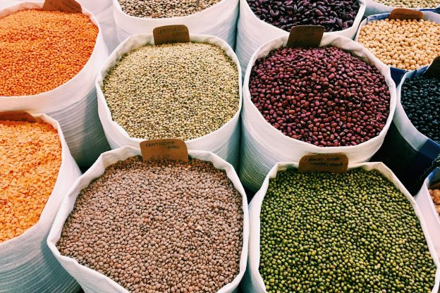 Sacks of lentils, beans and grains at a market