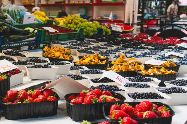 Fresh fruit and vegetables on display at a market
